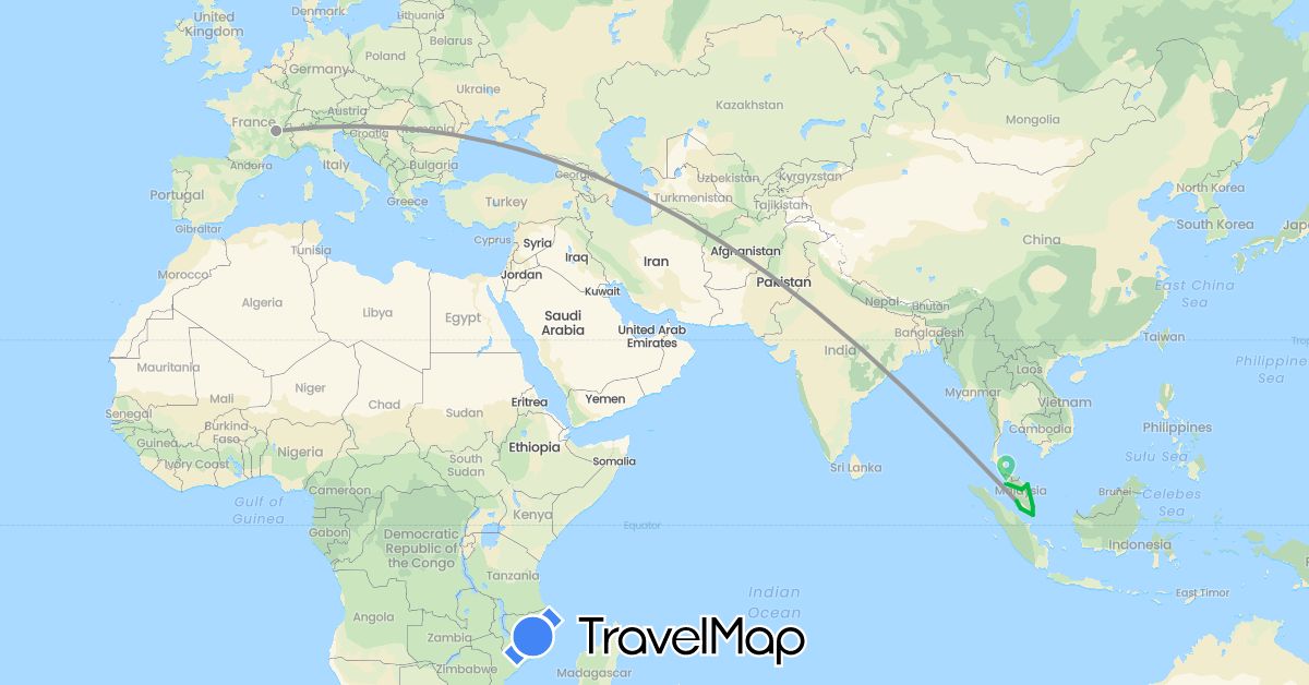 TravelMap itinerary: driving, bus, plane in France, Malaysia, Singapore (Asia, Europe)
