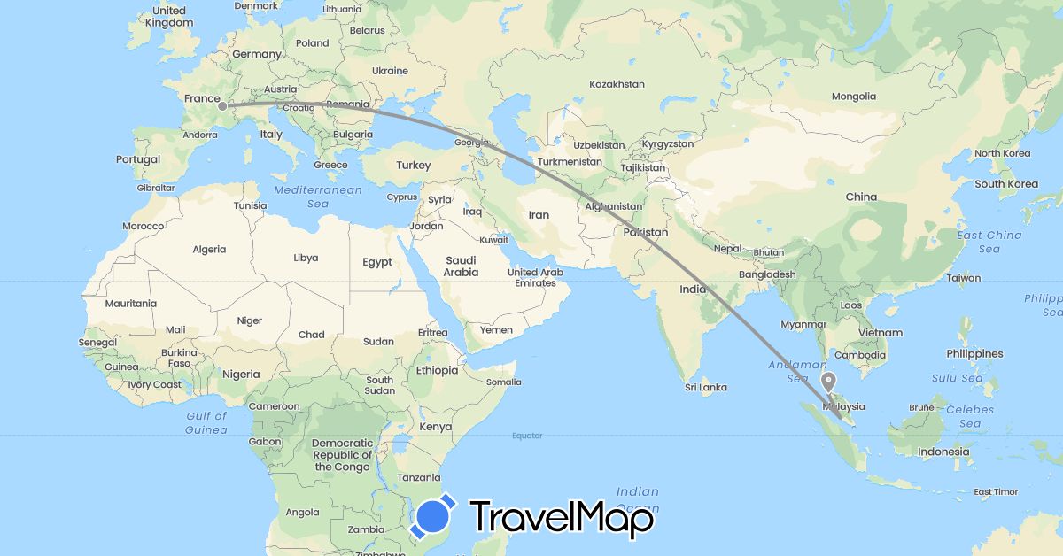 TravelMap itinerary: driving, plane in France, Malaysia (Asia, Europe)